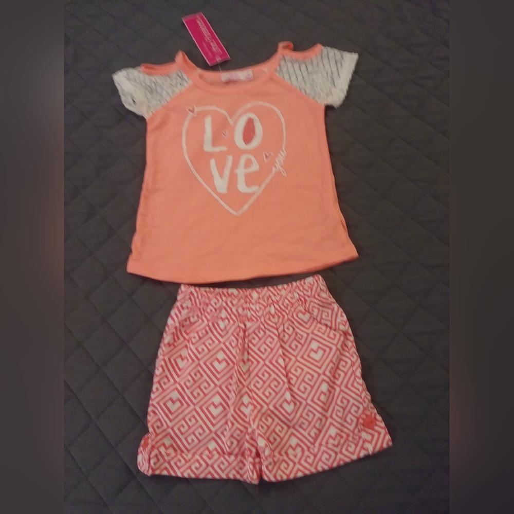 Kids Love Heart Short Set - Orange and White